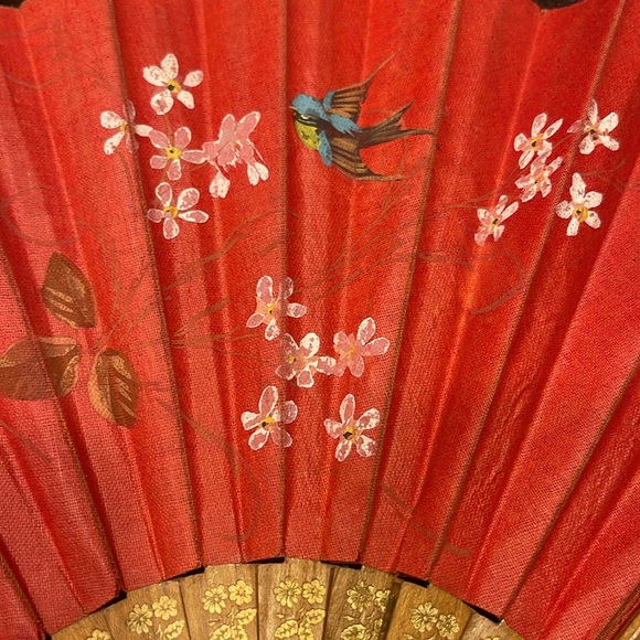 Asian Hand Painted Canvas Folding Fan - Picture 2 of 5